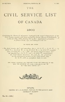 Front page of the 1900 edition of the Civil Service List, a periodical produced by the Government of Canada listing all civil servants Civil Service List of Canada, 1900. (IA 1901v35i12p30 0036).pdf