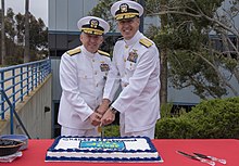 Koehler, right, commander, U.S. 3rd Fleet, and Vice Adm. Scott D. Conn cut a cake after their change of command ceremony on Naval Base Point Loma, June 3, 2021. Commander, U.S. 3rd Fleet Change of Command 210603-N-NN369-1303.jpg