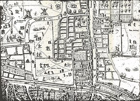 Part of the "Copperplate" map of London, surveyed between 1553 and 1559, depicting a bird's-flight view of the Moorfields area Copperplate map Moorfields.jpg