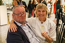 Fergus Henderson with chef Mary Sue Milliken at a dinner at the US Embassy in London in 2019. Culinary Common Ground Sept 2019 16.jpg