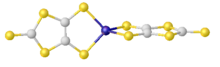 Structure of the anion [Zn(dmit)2] , featuring two 1,3-dithiole-4,5-dithiolate ligands complexed to zinc. DOQXOW.png