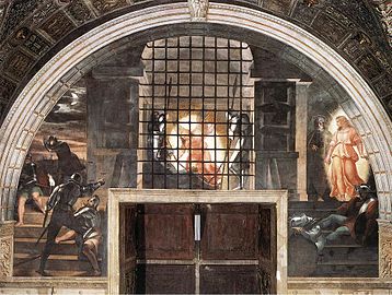 Imagine în frescă sub o arcadă arhitecturală cu o ușă în centru până la jumătate înălțată de o grilă în partea de sus.  În centrul lucrării incluse în arcul arhitectural și deschiderile sale, îngerul vine să-l elibereze pe Pierre, înlănțuit și adormit între cei doi gardieni ai săi.  În dreapta, îl vedem îndrumându-l spre ieșirea din închisoare;  gardienii prezenți sunt acolo din nou adormiți.  În stânga, un soldat intrigat de lumina dată de creatura cerească.