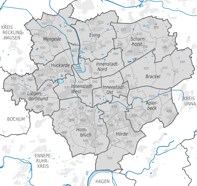 Mapa konturowa Dortmundu, w centrum znajduje się punkt z opisem „Kolegiata św. Klary w Dortmundzie”