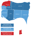 Map of Essex County, Ontario showing the municipalities that use the Ward system, the At-Large system, and which ones are separate from the Essex County Council.