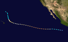 Path of a hurricane across the Eastern and Central Pacific Ocean; it is a relatively straight west-northwestward track, curving northward at the end