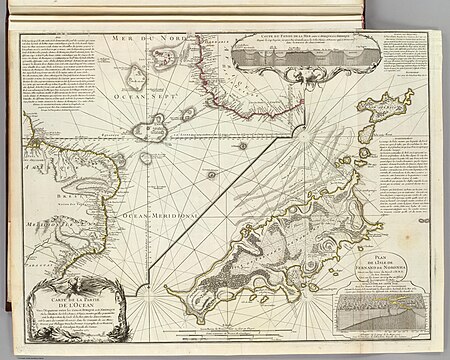 Philippe Buache, Carte d'une partie de l'Ocean vers l'Equateur entre les costes d'Afrique et d'Amerique... Paris, 1737. Map engraved on copper (63,5 x 48,3 cm), showing Fernando de Noronha island Fernando de Noronha map by Philippe Buache 1737.jpg