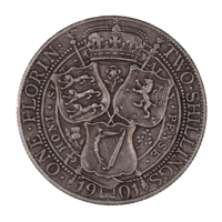 The reverse of a 1901 British Florin, featuring the heraldic shields of England, Scotland, and Ireland arranged in a triangular formation around a thistle, shamrock, and rose. A royal crown is placed above, bordered by two sceptres crossed at the centre of the shields and coin. The date at bottom, 1901, is interrupted by the bottom of the Irish shield. Arcing around the coin at left is ONE FLORIN, while at right is TWO SHILLINGS.