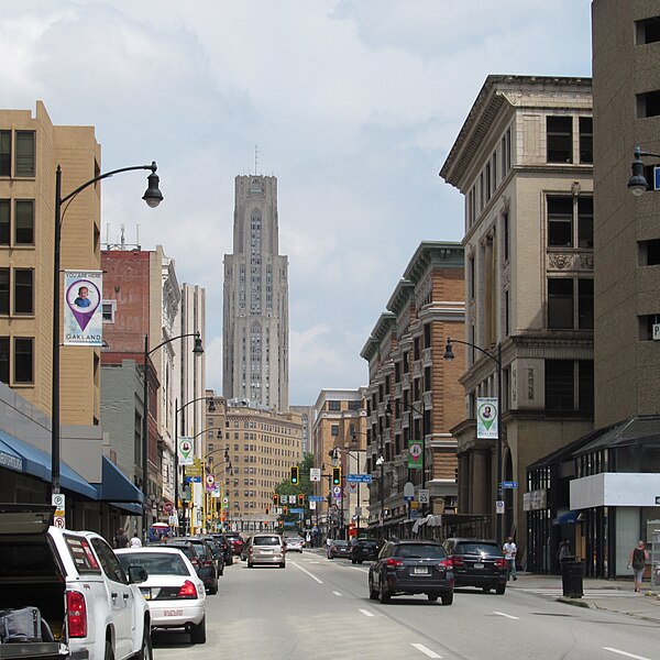 Forbes Avenue in the Oakland neighborhood in Pittsburgh with the Cathedral of Learning in the background