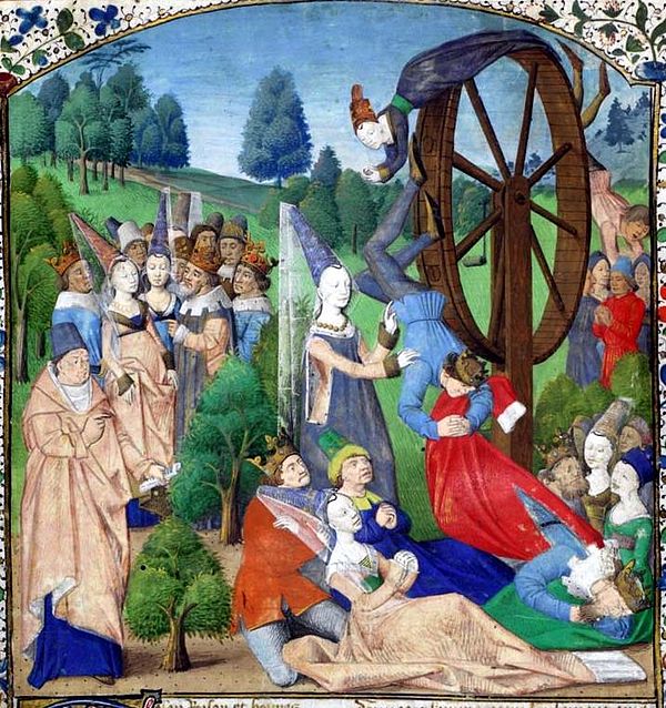 Fortuna with the Wheel of Fortune from a medieval manuscript of a work by Boccaccio. Fortuna, as interpreted by Boethius in his Consolation of Philoso
