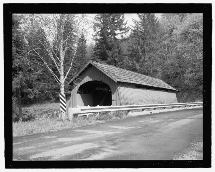 File:General perspective view of the Fisher School Covered Bridge, view looking northwest. - Fisher School Covered Bridge, Crab Creek Road at Fiver Rivers Road, Fisher, Lincoln County, OR HAER OR-145-7.tif