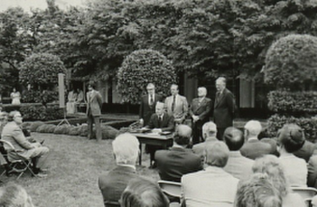 President Ford signing H.R. 10230, establishing the Office of Science and Technology Policy