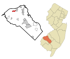 Karte von Gibbstown in Gloucester County hervorgehoben.  Rechts: Lage von Gloucester County in New Jersey.