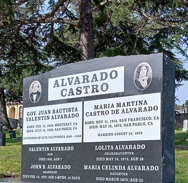 Funerary monument at St. Mary's Cemetery for Governor Alvarado and his wife, Martina Castro de Alvarado.