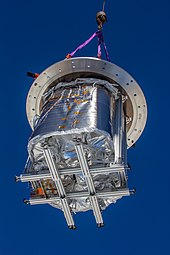 The inside of the cryostat being lifted into the telescope dome. GroundBIRD 2019 004.jpg
