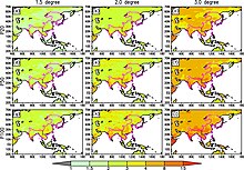 Greater warming increases the amount of moisture in the atmosphere over Asia, which directly leads to extreme precipitation. Probability of 20-year, 50-year and 100-year extremes consistently increases with warming across Asia. In the most affected parts of South Asia, up to a 15-fold average increase for 100-year extremes is possible under 3 degC (5.4 degF) of warming. Guo 2023 Asia IVT projections.jpg