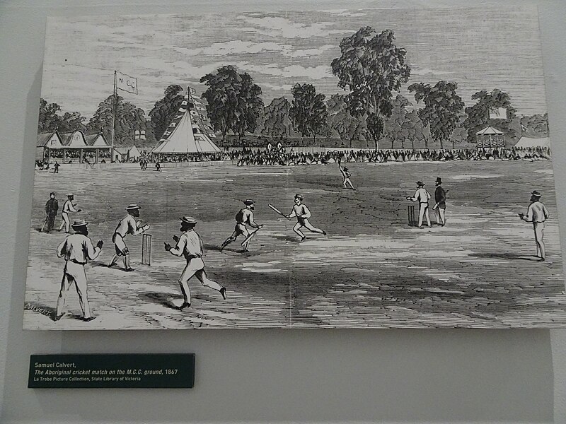 File:Harrow. In the Discovery Centre museum. Lithograph of the first Australian cricket team to compete in England in 1868. All Aboriginal players. This lithograph of them competing in Melbourne in 1867.. (52012244953).jpg