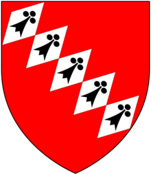 Arms of Hele of Fardel: Gules, five fusils in bend argent on each an ermine spot HeleArms FusilsInBend.png