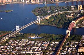 Part of the Triborough Bridge (left) with Astoria Park and its pool in the center Hell Gate and Triborough Bridges New York City Queens.jpg