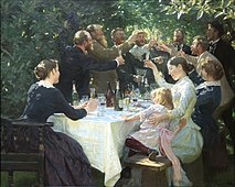 Hipp, hipp, hurra! Künstlerfest in Skagen, von P.S. Krøyer, Ancher ist der sechste von links.