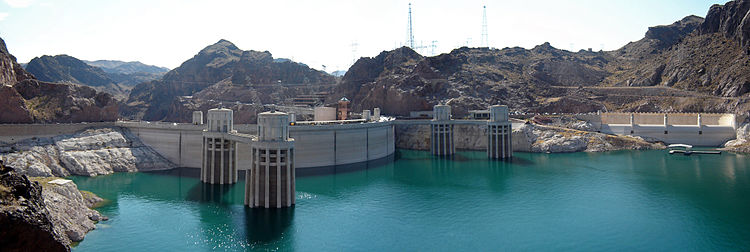 Hoover Dam panoramic view from the Arizona side showing the penstock towers and the Nevada-side spillway entrance