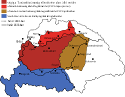 Unkari vuonna 1919. Neuvostotasavallan hallitsemat alueet entisen Unkarin kuningaskunnan kartalla punaisella.