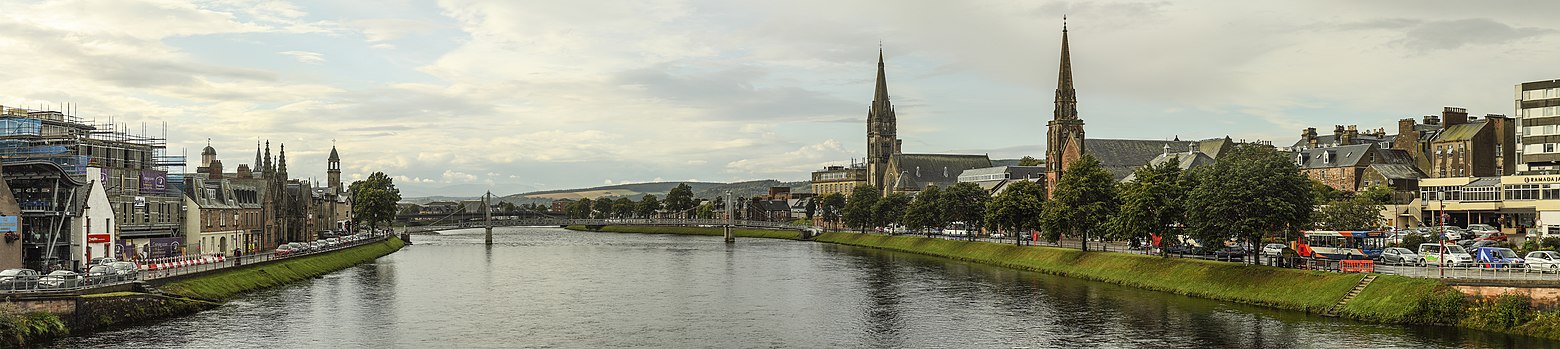 Panorama of Inverness looking downstream to the Greig St Bridge with Huntly Street (left), the River Ness and Bank Street (right)
