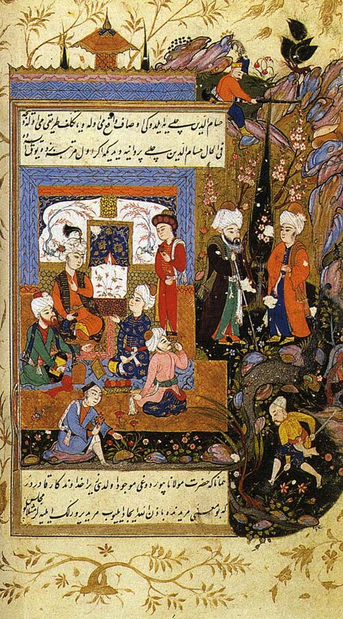 A Persian miniature depicting Jalal al-Din Rumi showing love for his disciple Hussam al-Din Chelebi (ca. 1594)