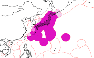 Japan's exclusive economic zones. Minamitorishima is at the center of the isolated easternmost circle..mw-parser-output .legend{page-break-inside:avoid;break-inside:avoid-column}.mw-parser-output .legend-color{display:inline-block;min-width:1.25em;height:1.25em;line-height:1.25;margin:1px 0;text-align:center;border:1px solid black;background-color:transparent;color:black}.mw-parser-output .legend-text{}  Japan's EEZ  Joint regime with Republic of Korea  EEZ claimed by Japan, disputed by others