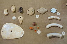 Jarmo personal adornments, 1 carnelian beads, 2 turquoise bead, 3 clay beads, 4 stone bracelets, 5 pendants of clay, stone, and shell - Oriental Institute Museum, University of Chicago - DSC06938.JPG