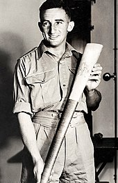 Australian cricketer Jock Livingston with a Kilikiti bat Jock Livingston c1942.jpg
