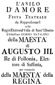 Johann Adolph Hasse – L’asilo d’Amore – Titelseite des italienischen Librettos – Hubertusburg 1743