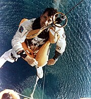 John Young is hiosted into helicopter after Gemini 10 flight 1966