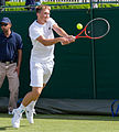 Joshua Milton competing in the second round of the 2015 Wimbledon Qualifying Tournament at the Bank of England Sports Grounds in Roehampton, England. The winners of three rounds of competition qualify for the main draw of Wimbledon the following week.