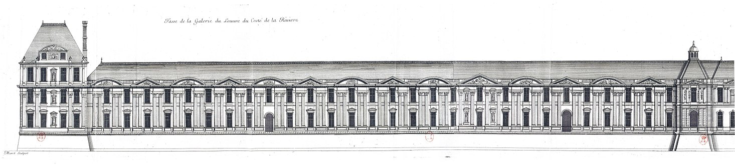 River facade of the Pavillon de Flore and the western section of the Louvre's Grande Galerie, engraved by Jean Marot (c. 1670)