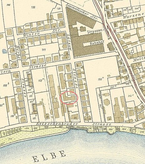 Lage der Firmengebäude von „Cruse & Co“ auf der Lützow Strasse (heute Franz-Lehmann-Straße). Basis: Stadtplan von Dresden 1911