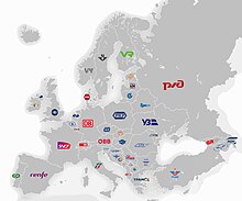 Die Karte beinhaltet die Logos aller großen staatlichen Eisenbahnen Europas (Stand: 9. Mai 2019).