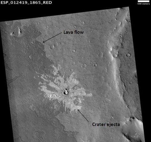 HiRISE image illustrating superpositioning, a principle that lets geologists determine the relative ages of surface units. The dark-toned lava flow ov