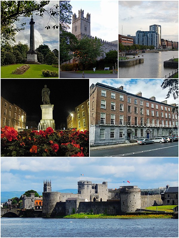 From top, left to right: People's Park, St. Mary's Cathedral, Riverpoint, Daniel O'Connell Monument, Georgian architecture at Pery Square, King John's