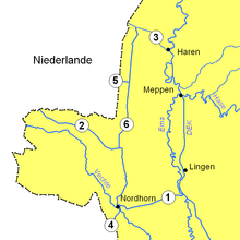 Das linksemsische Kanalnetz: 1 = Ems-Vechte-Kanal, 2 = Coevorden-Piccardie-Kanal, 3 = Haren-Rütenbrock-Kanal, 4 = Nordhorn-Almelo-Kanal, 5 = Schöninghsdorf-Hoogeveen-Kanal, 6 = Süd-Nord-Kanal