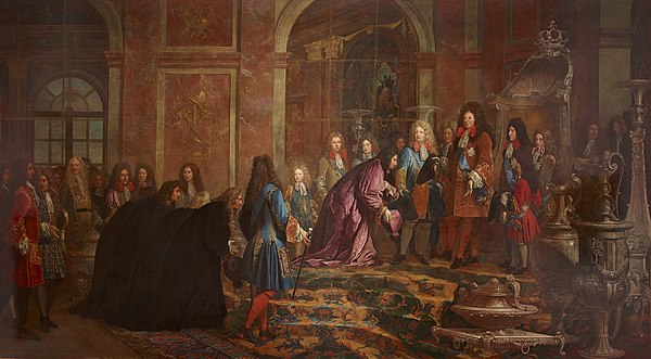 The 10-year-old Duke of Chartres in red on the right; the scene depicts the Doge of Genoa at Versailles on 15 May 1685.