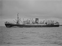 Brisbane Star after her bow was rebuilt in 1943. She had been damaged by a torpedo during Operation Pedestal to relieve the siege of Malta in 1942. MV Brisbane Star AllanGreen.jpg