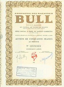 Share of the Compagnie des Machines Bull S. A., issued 1963 Machines Bull S. A. 1963.jpg