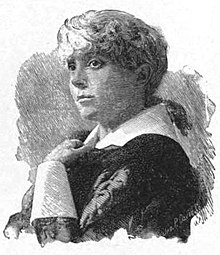 Illustration of a young white woman in profile wearing a dark costume with white collar and cuffs