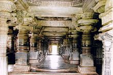 Lathe turned pillars in mantapa of Hoysaleshwara temple in Halebidu Mantapa (hall) in Hoysaleshvara Temple at Halebidu.jpg
