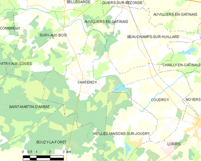 Carte de la commune de Châtenoy (Loiret) et des communes limitrophes.