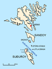 The strait Suðuroyarfjørður between Suðuroy and the rest of the Faroes.