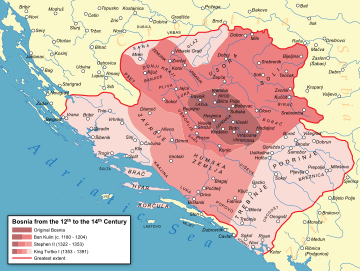 Bosnia in the Middle Ages spanning the Banate of Bosnia and the succeeding Kingdom of Bosnia Medieval Bosnian State Expansion-en.svg