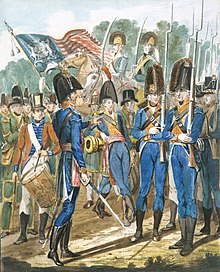 Fancy Dutchmen were soldiers in the Pennsylvania Militia, as depicted in this early 19th century illustration Members of the City Troop and Other Philadelphia Soldiery MET ap42.95.21.jpg