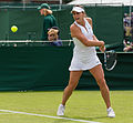 Michelle Larcher de Brito competing in the first round of the 2015 Wimbledon Qualifying Tournament at the Bank of England Sports Grounds in Roehampton, England. The winners of three rounds of competition qualify for the main draw of Wimbledon the following week.