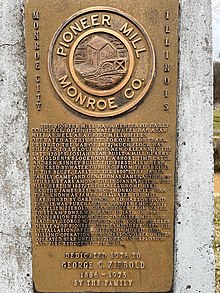 The plaque on the historical monument. Monroe City Pioneer Mill.jpg